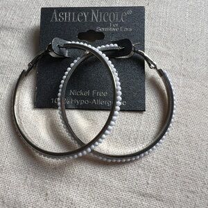 Silver and White Beaded Hoop Earrings